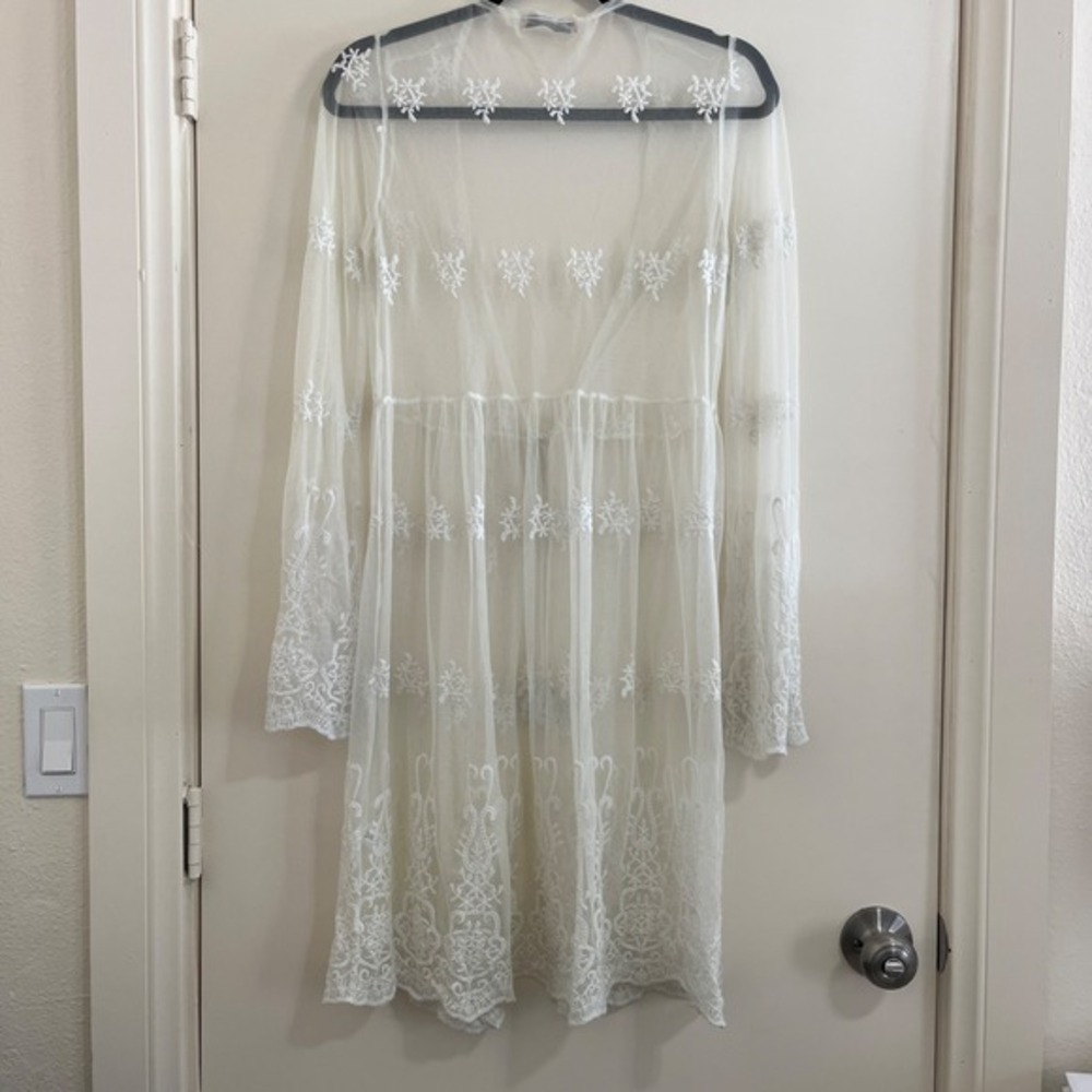 Womens Sheer Embroidered Cover Up Medium Romantic Fairy Cottage Lace Duster Boho - Picture 2 of 6